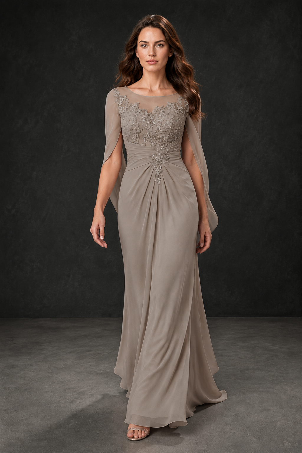 BOLODOO Taupe Illusion Lace One-Side Cape Sleeve Beaded Chiffon Floor Length Gown | Mother of the Bride Evening Dress - Taupe