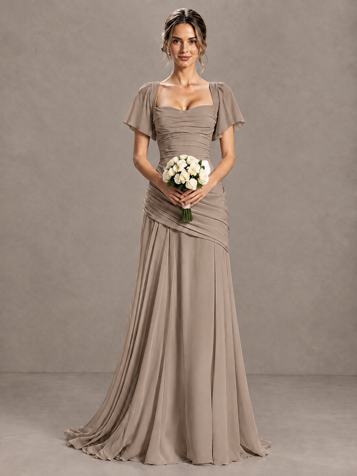 BOLODOO Taupe Flutter Sleeve Lace-Up Back Maxi Dress - Taupe - Taupe (4)