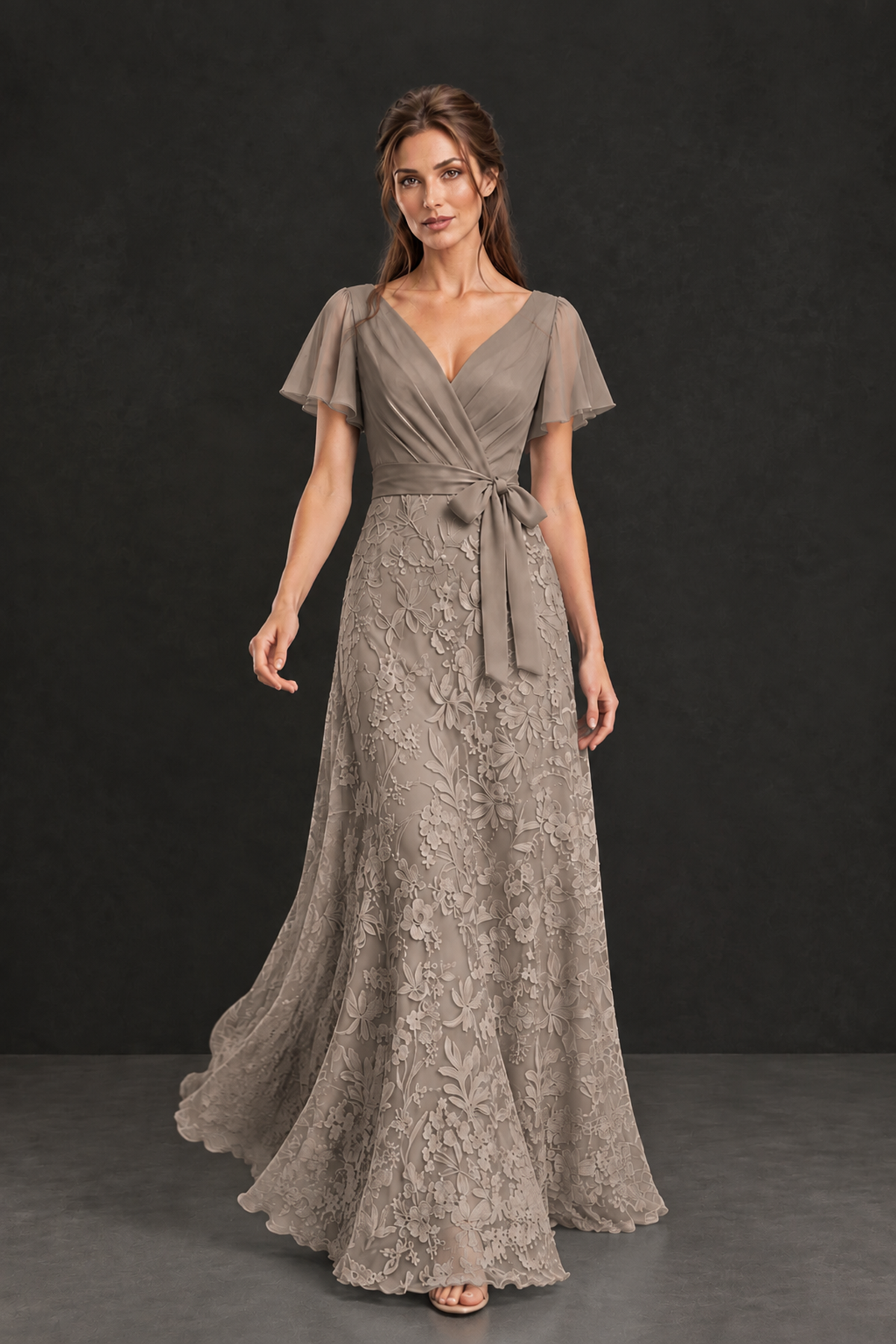 BOLODOO Taupe Flutter Sleeve Lace Mother of the Bride Dress - Taupe