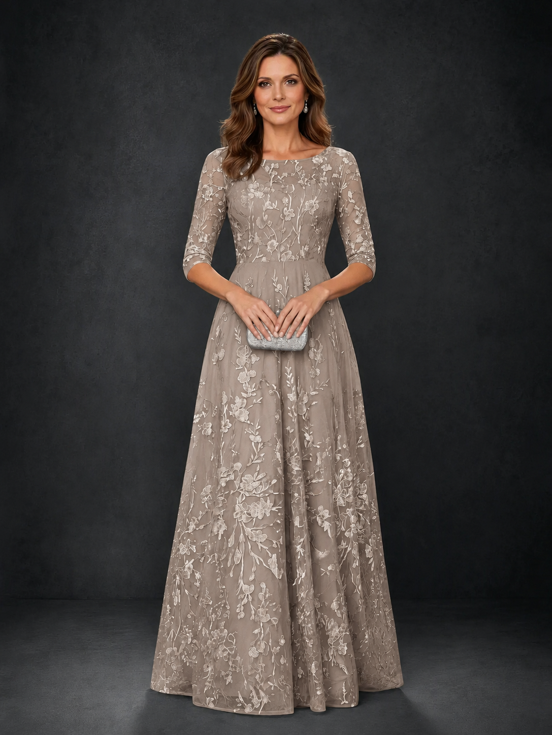 BOLODOO Taupe Illusion Bateau Neck 3/4 Sleeve Floral Lace A-Line Mother of the Bride Dress MX007 - Taupe