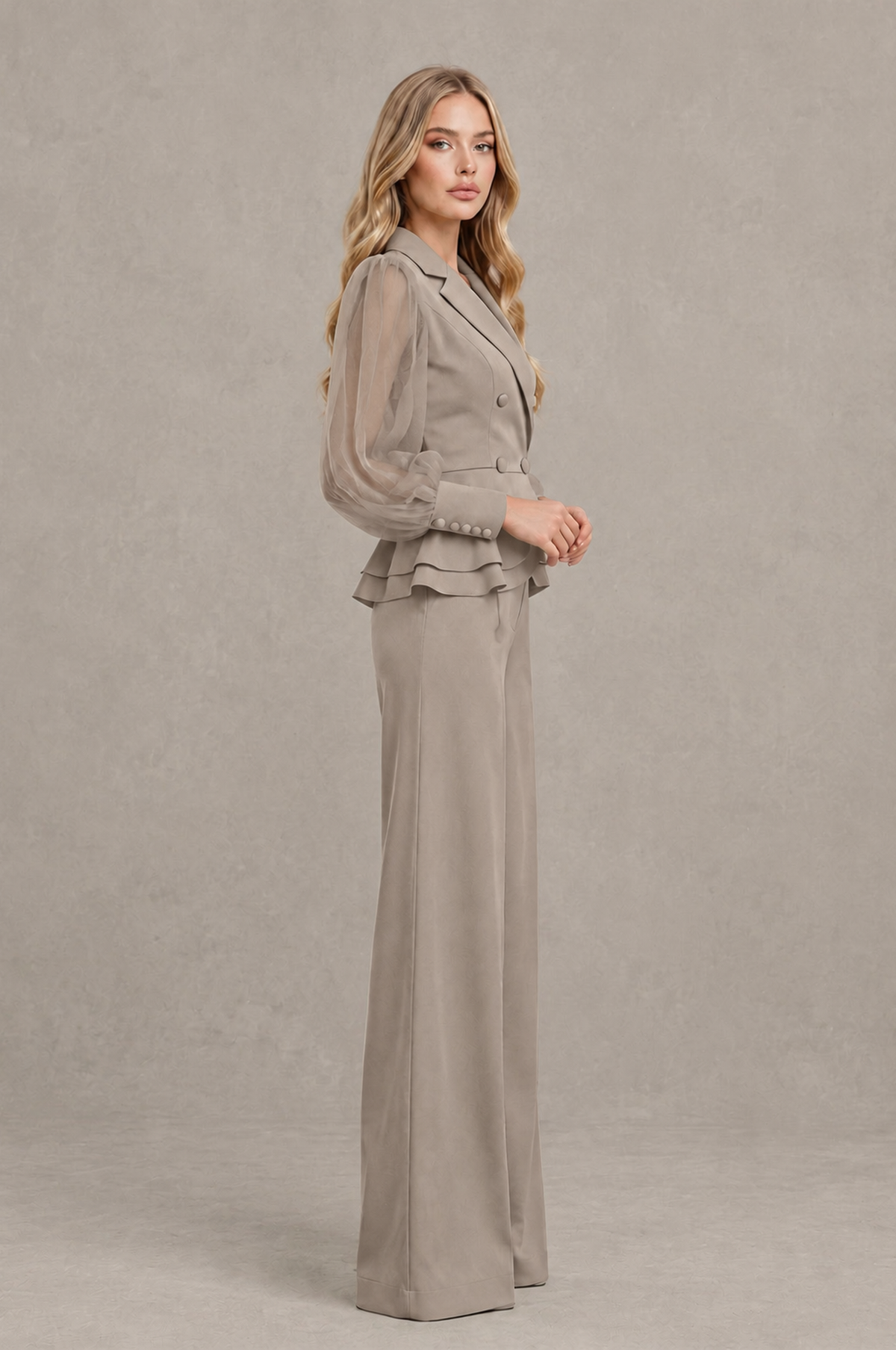 BOLODOO Mint Taupe Peplum Blazer Wide-Leg Pantsuit with Sheer Puff Sleeves - Taupe
