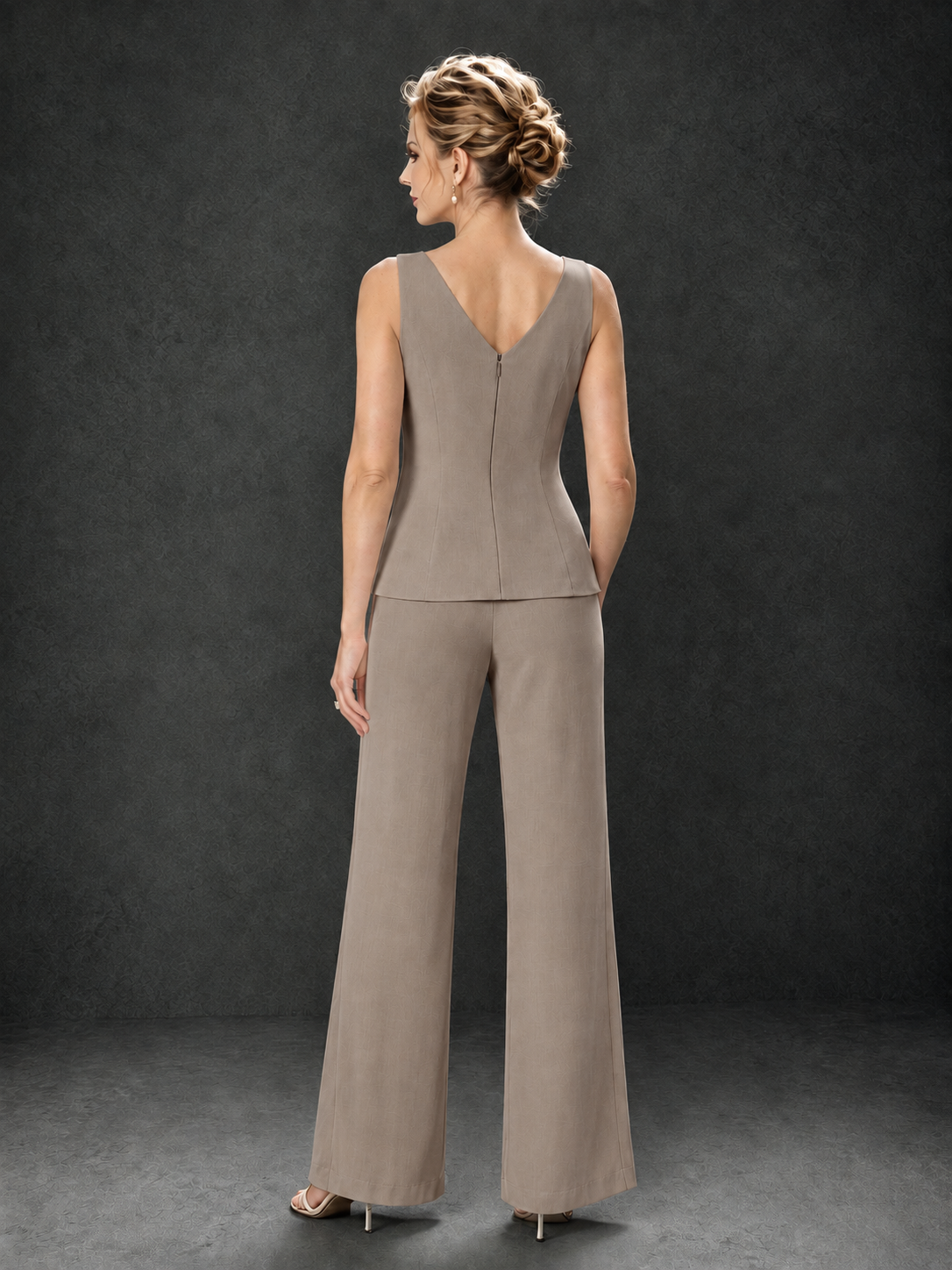 BOLODOO Taupe 3-Piece Mother of the Bride Pant Suit with Beaded Top & Chiffon Jacket - Taupe