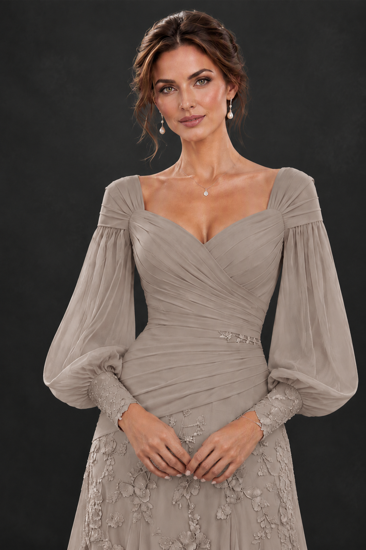 BOLODOO Taupe Long Sleeve Mother of the Bride Dress with Floral Appliqués - Taupe - Taupe (5)