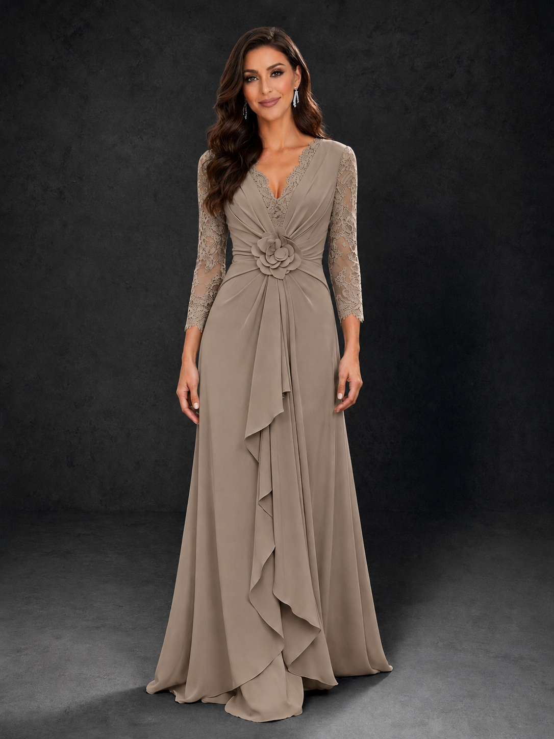 BOLODOO Taupe Lace Sleeve V-Neck Floral Waist Chiffon A-Line Maxi Dress 