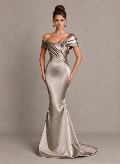 BOLODOO Taupe Off-Shoulder Satin Mermaid Prom Dress 