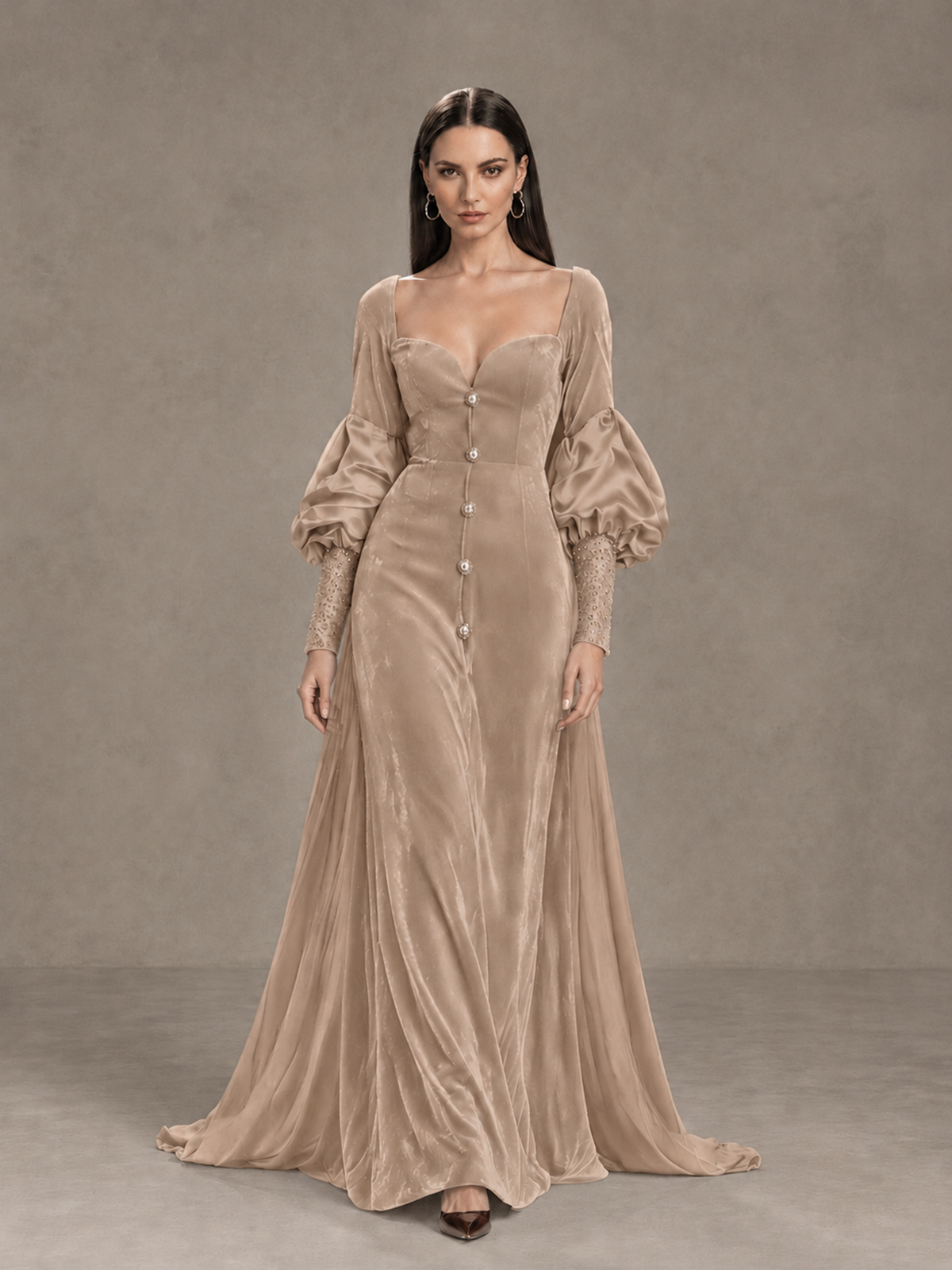 BOLODOO Taupe Velvet Long Sleeve Open-Back Evening Gown 