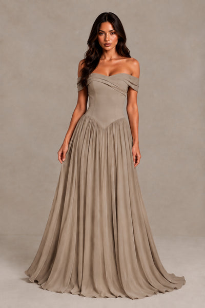 BOLODOO Taupe Off-Shoulder Sweetheart Corset Pleated Chiffon Maxi Dress 