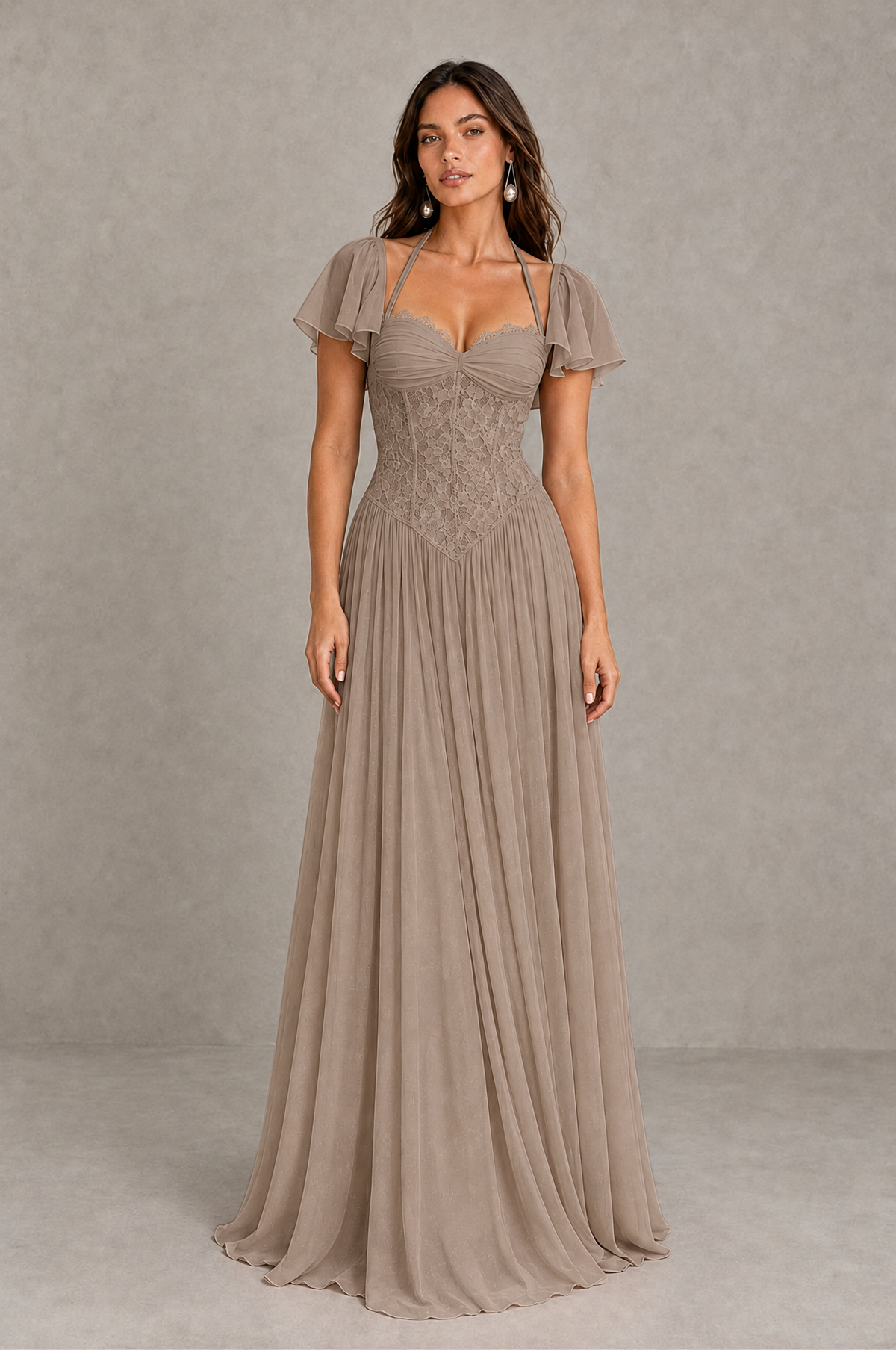 BOLODOO Taupe Flutter Sleeve Lace Corset A-Line Maxi Dress 