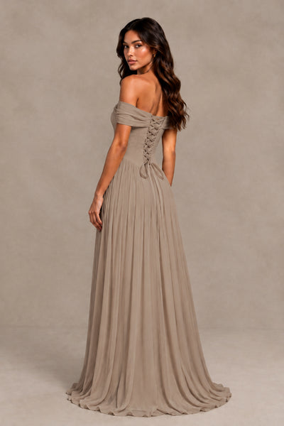 BOLODOO Taupe Off-Shoulder Sweetheart Corset Pleated Chiffon Maxi Dress 