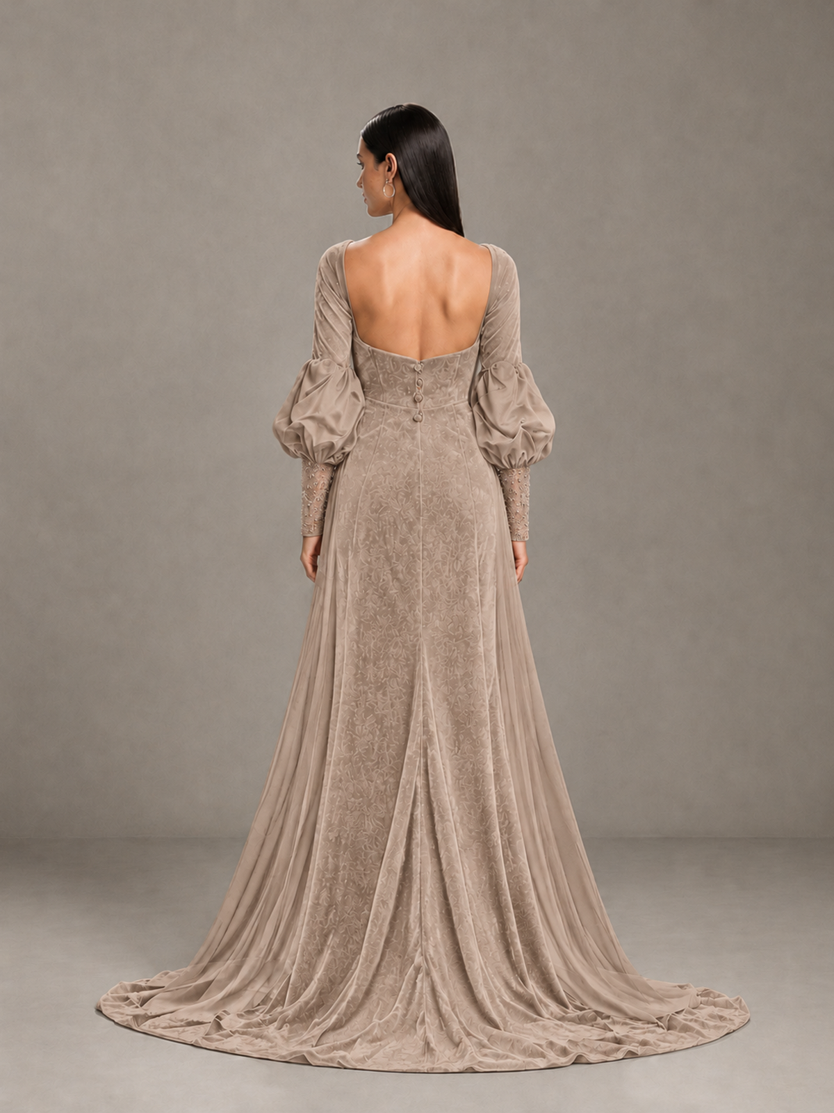 BOLODOO Taupe Velvet Long Sleeve Open-Back Evening Gown 