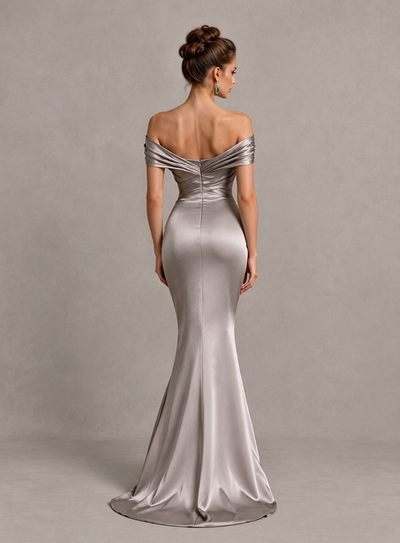BOLODOO Taupe Off-Shoulder Satin Mermaid Prom Dress 