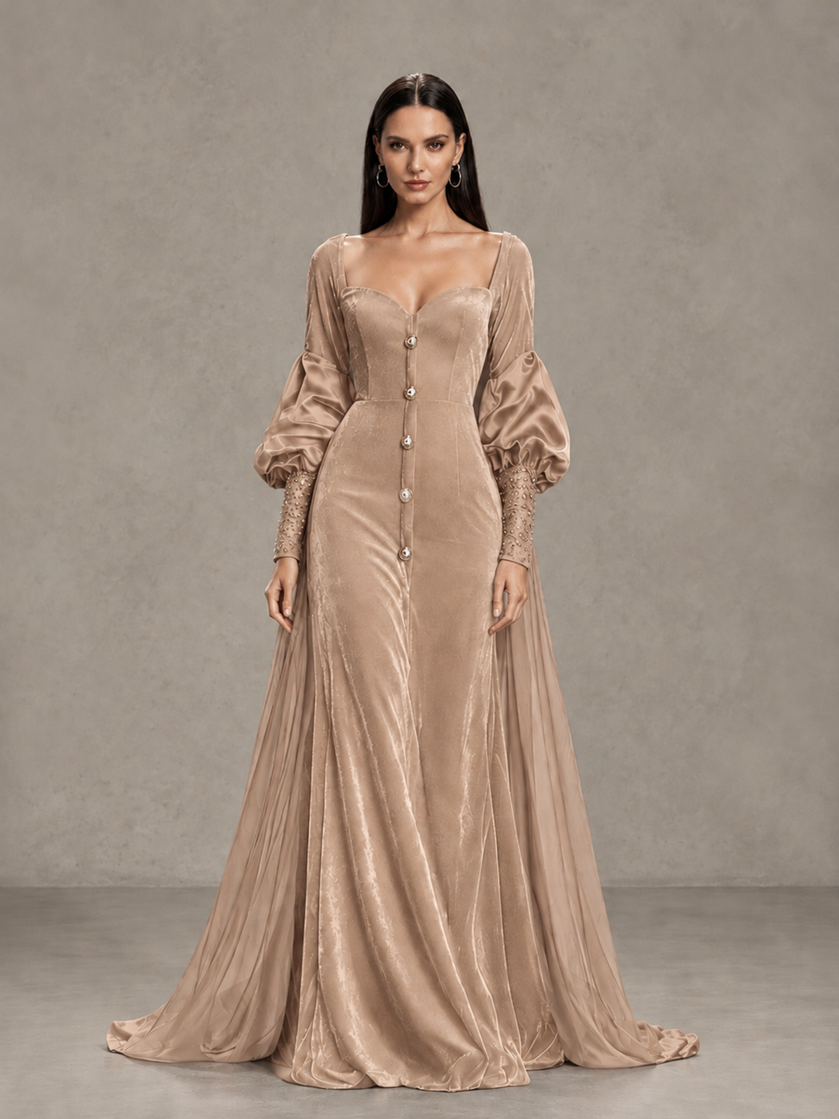 BOLODOO Taupe Velvet Long Sleeve Open-Back Evening Gown 