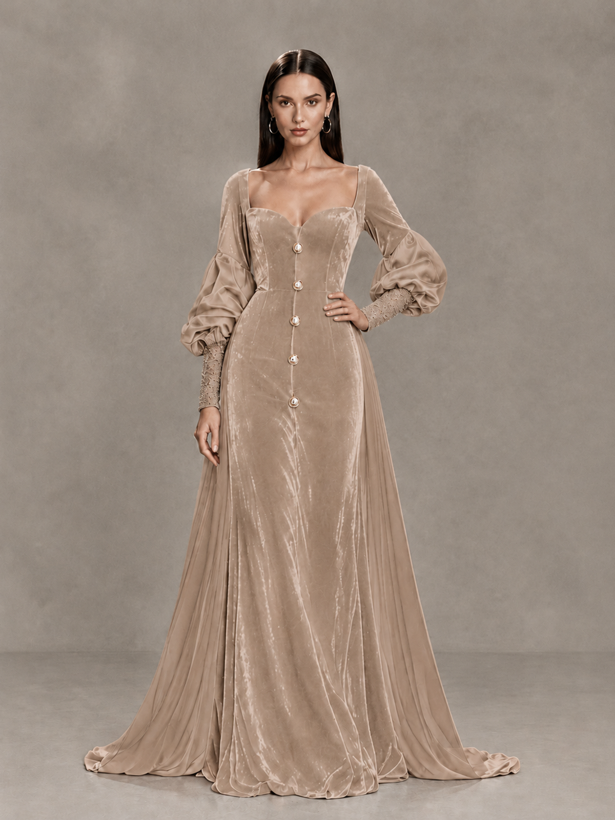 BOLODOO Taupe Velvet Long Sleeve Open-Back Evening Gown 