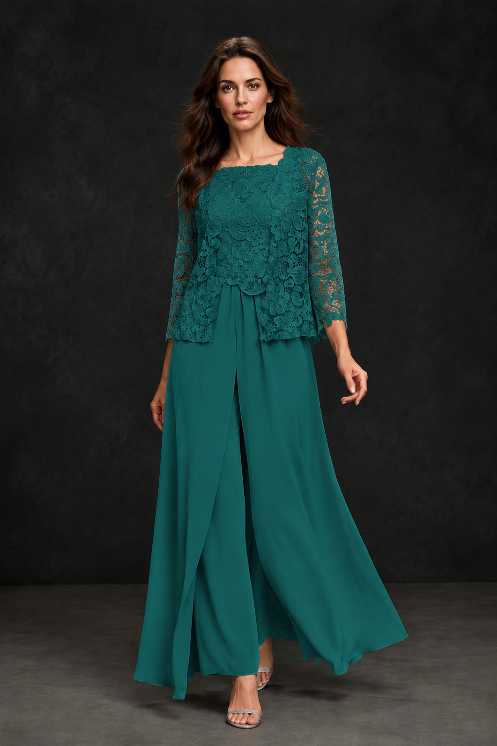 BOLODOO Tea Grey Lace Peplum Top & Wide-Leg Chiffon Pants Set | Mother of the Bride & Formal Evening Outfit - Tea