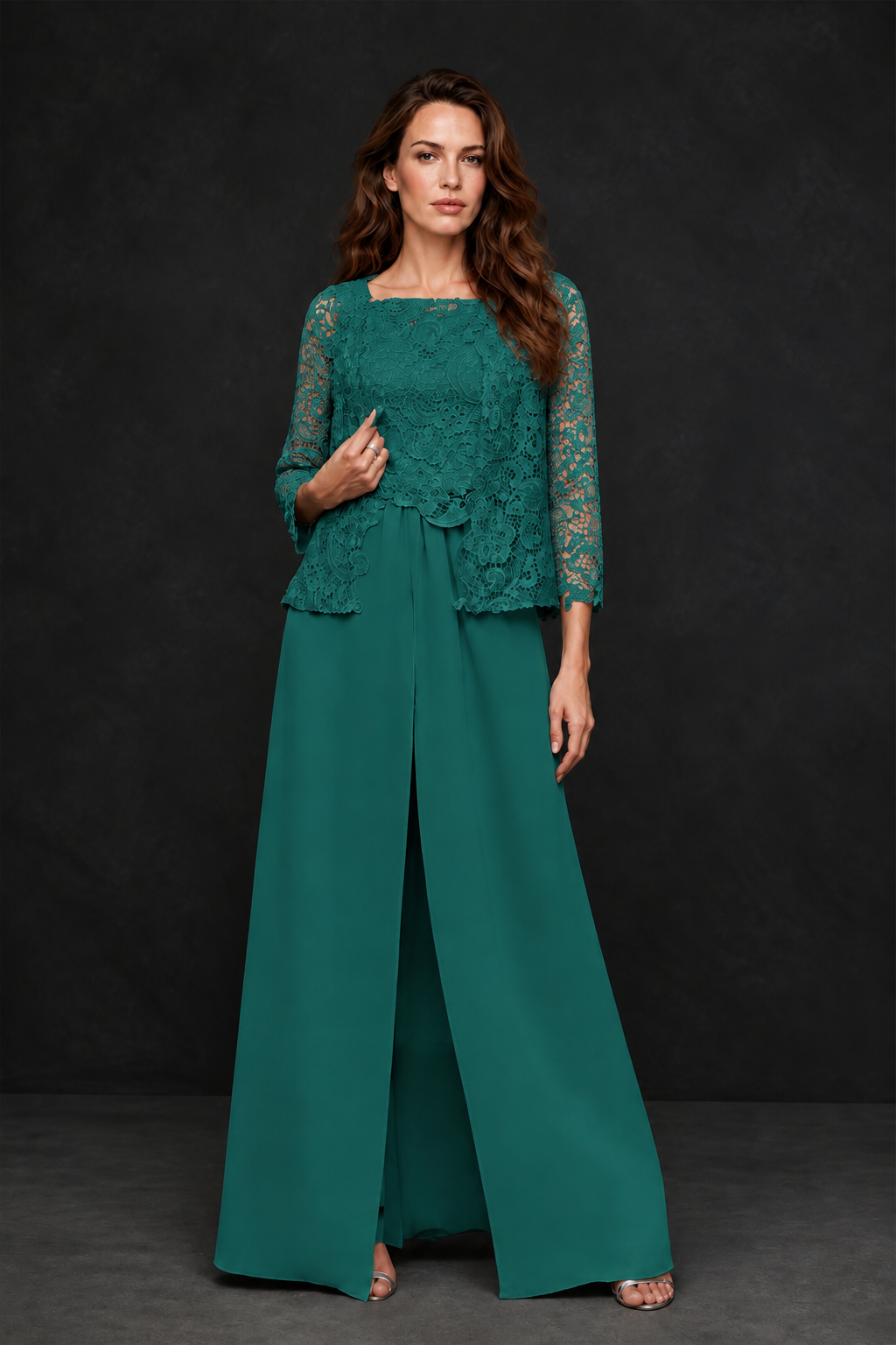 BOLODOO Tea Grey Lace Peplum Top & Wide-Leg Chiffon Pants Set | Mother of the Bride & Formal Evening Outfit - Tea