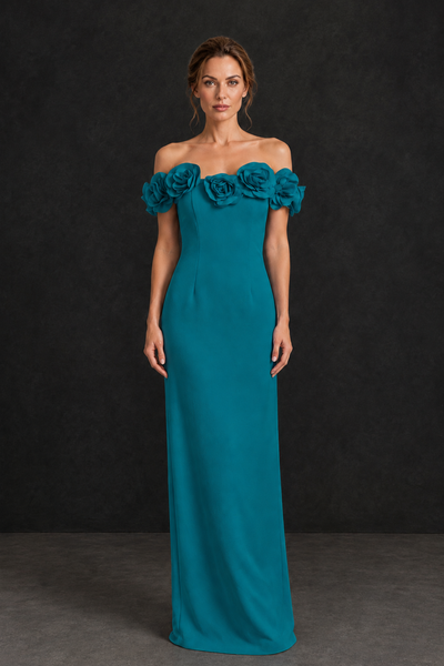 BOLODOO Teal Off-the-Shoulder Floral Mother of the Bride Gown - Teal - Teal_01
