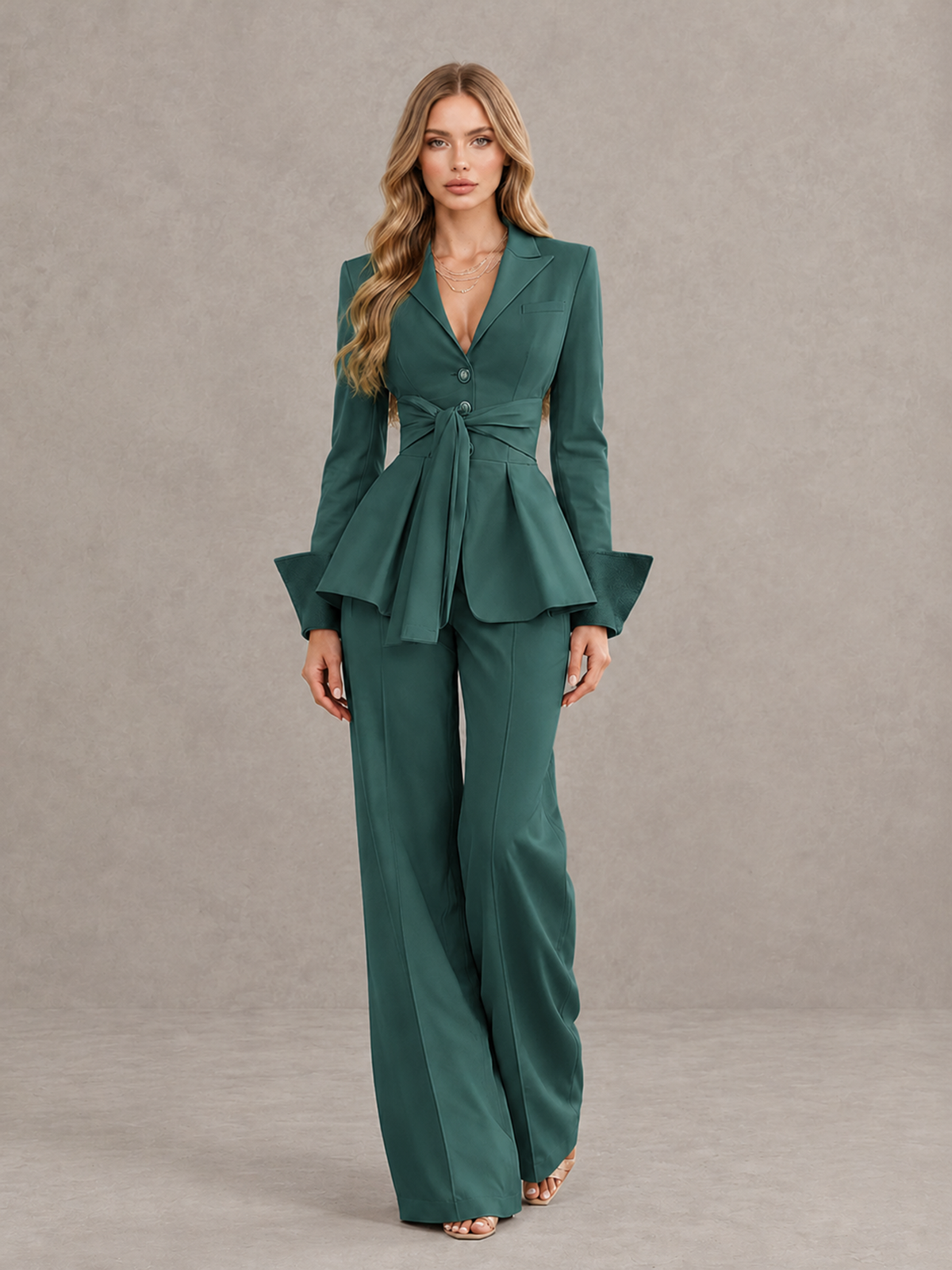 BOLODOO Teal Belted Peplum Pantsuit with Long Sleeves & Wide-Leg Trousers - Teal - Teal_01