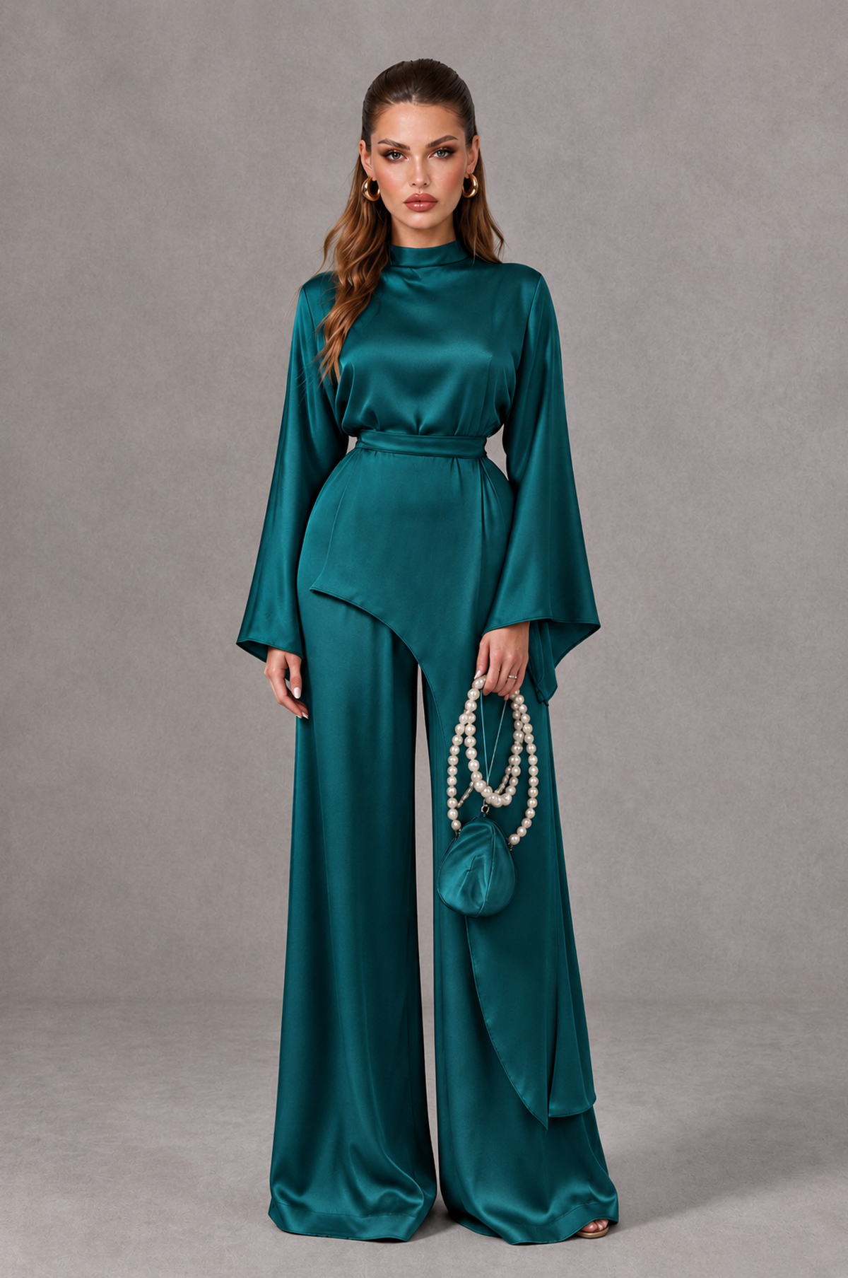 BOLODOO Teal Satin-Look Long Sleeve Wide-Leg Jumpsuit - Teal - Teal_01
