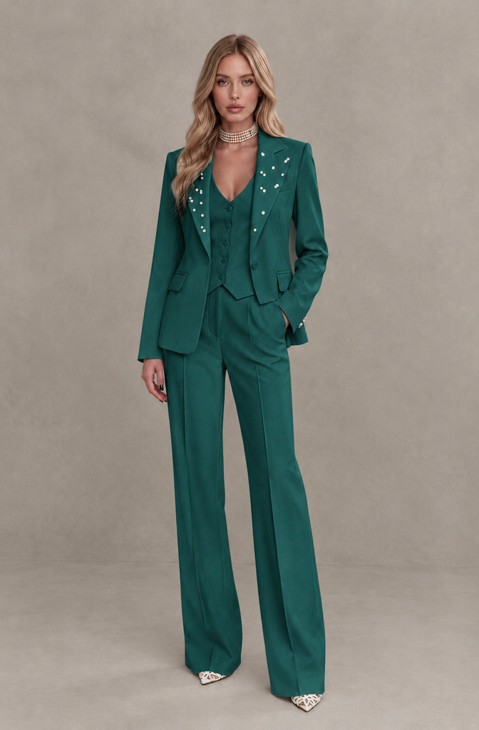 BOLODOO Teal Women's Three-Piece Pantsuit with Blazer & Vest - Teal - Teal_01