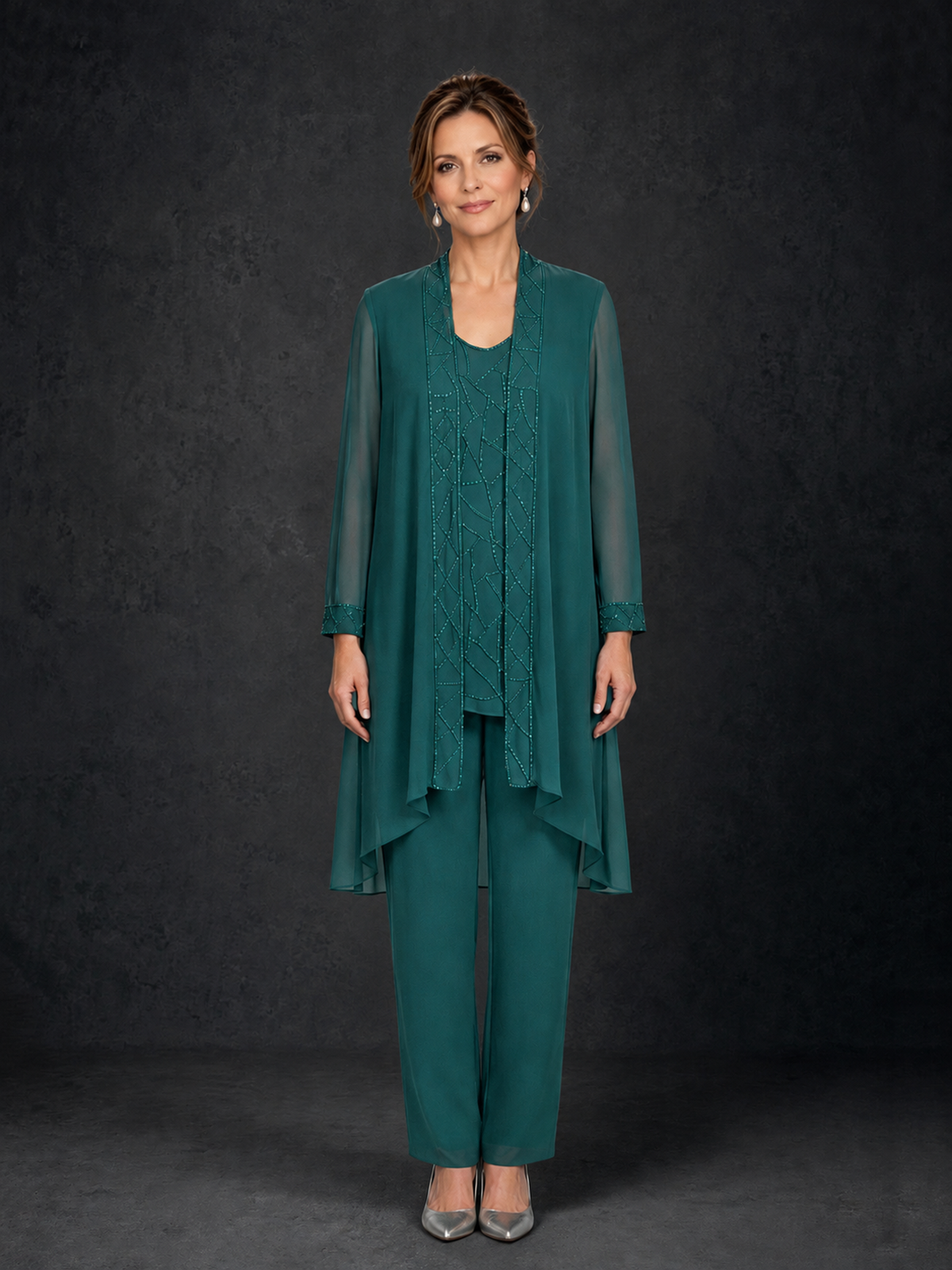 BOLODOO Teal 3-Piece Beaded Chiffon Duster Jacket Pant Suit - Teal - Teal_01