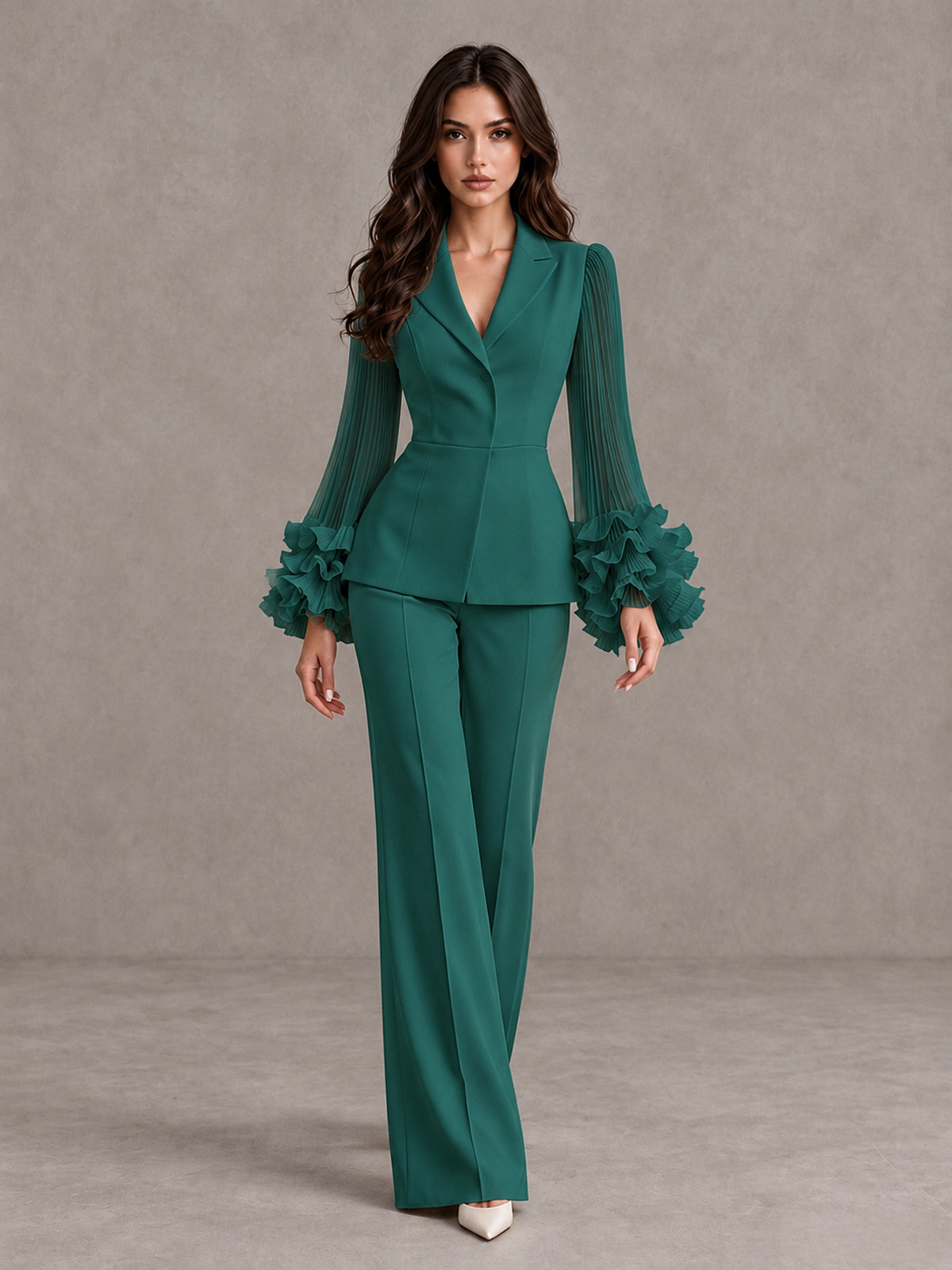 BOLODOO Teal Mother of the Bride Pant Suit – Pleated Long Sleeve Ruffle Cuff Wide Leg Trouser Suit - Teal - Teal_01