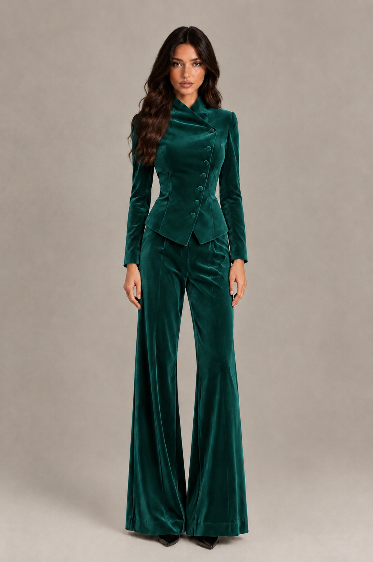 BOLODOO Teal Velvet Two-Piece Pantsuit with Long Sleeve Blazer & Wide-Leg Trousers - Teal - Teal_01