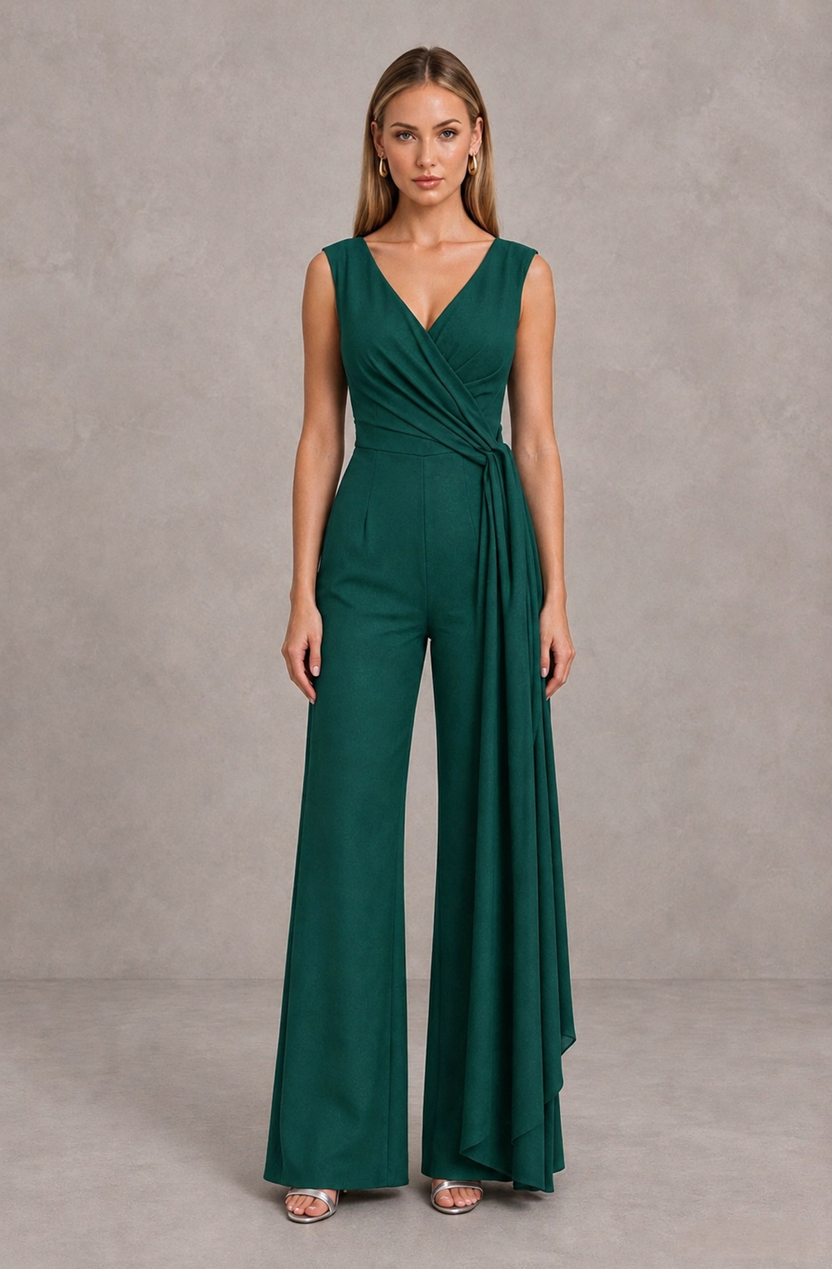 BOLODOO Teal Sleeveless V-Neck Wide-Leg Jumpsuit with Side Drape - Teal - Teal_01