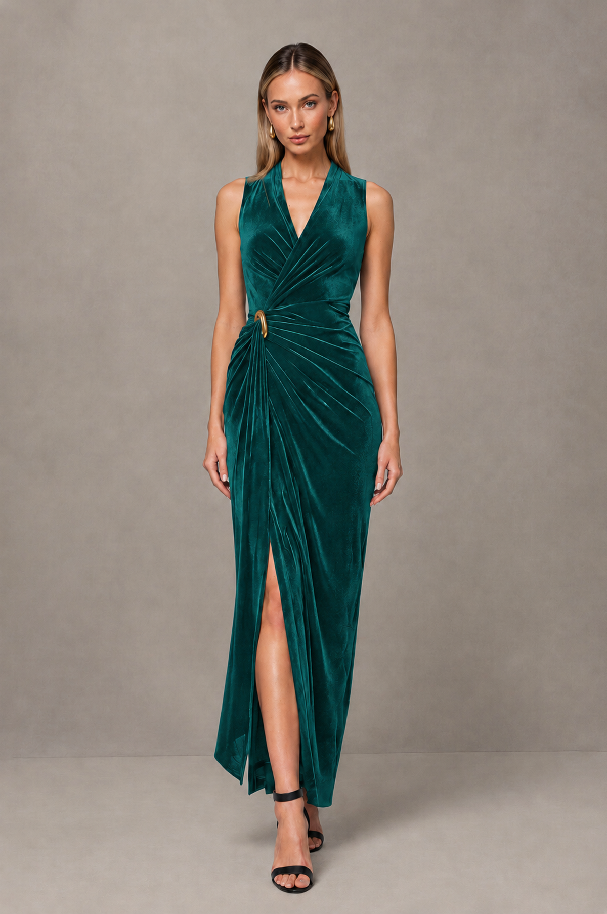 BOLODOO Teal Velvet-Look Sleeveless V-Neck Ruched Slit Maxi Dress - Teal - Teal_01