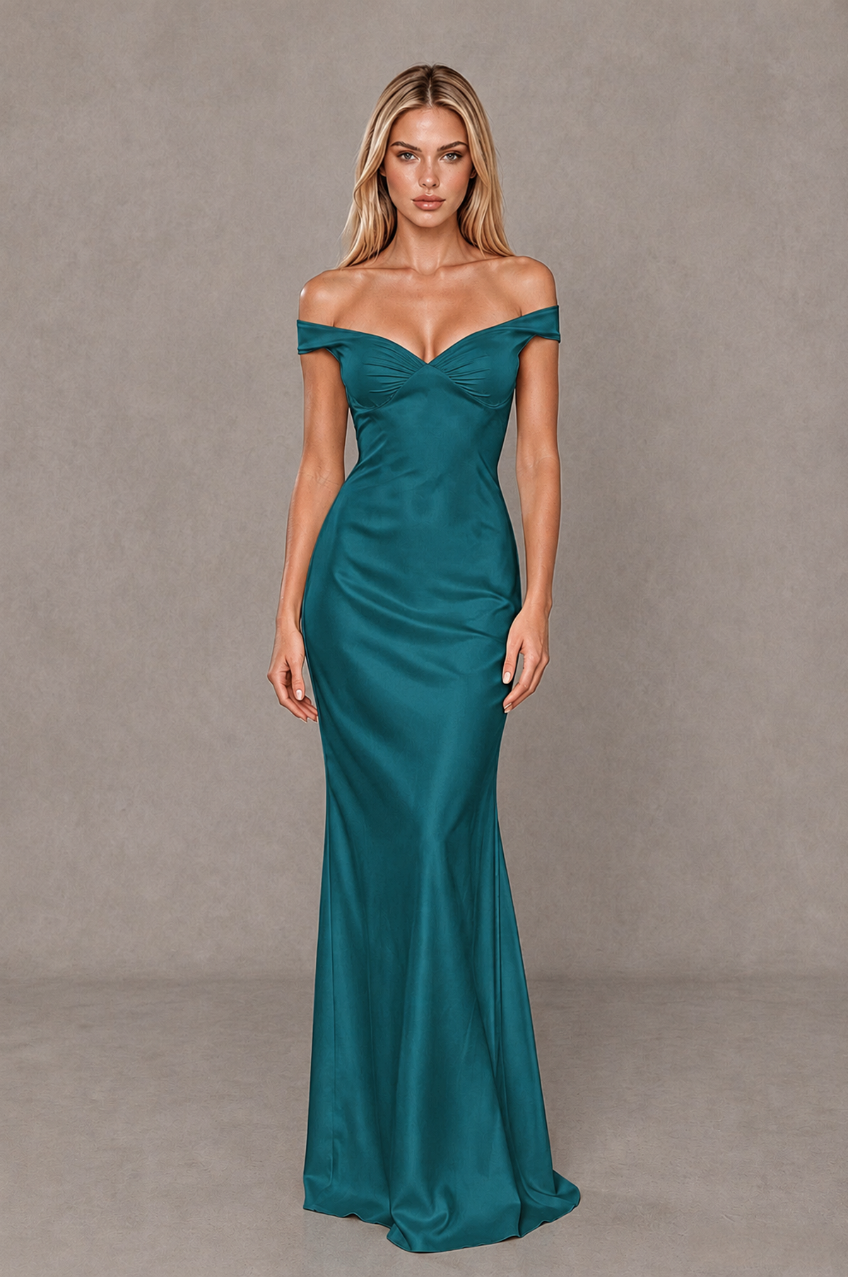 BOLODOO Teal Off-Shoulder Open-Back Satin Evening Gown - Teal - Teal_01