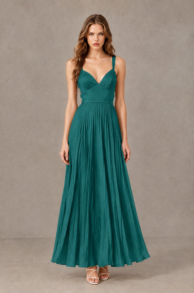 BOLODOO Teal V-Neck Pleated Open-Back Maxi Dress - Teal - Teal_01