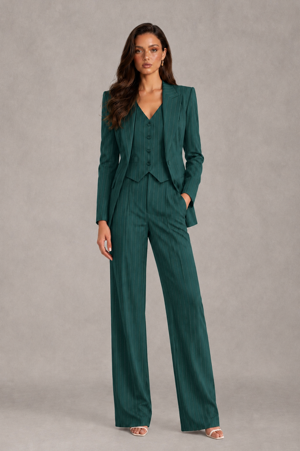 BOLODOO Women's Teal Pinstripe Three-Piece Pantsuit with Wide-Leg Trousers - Teal - Teal_01
