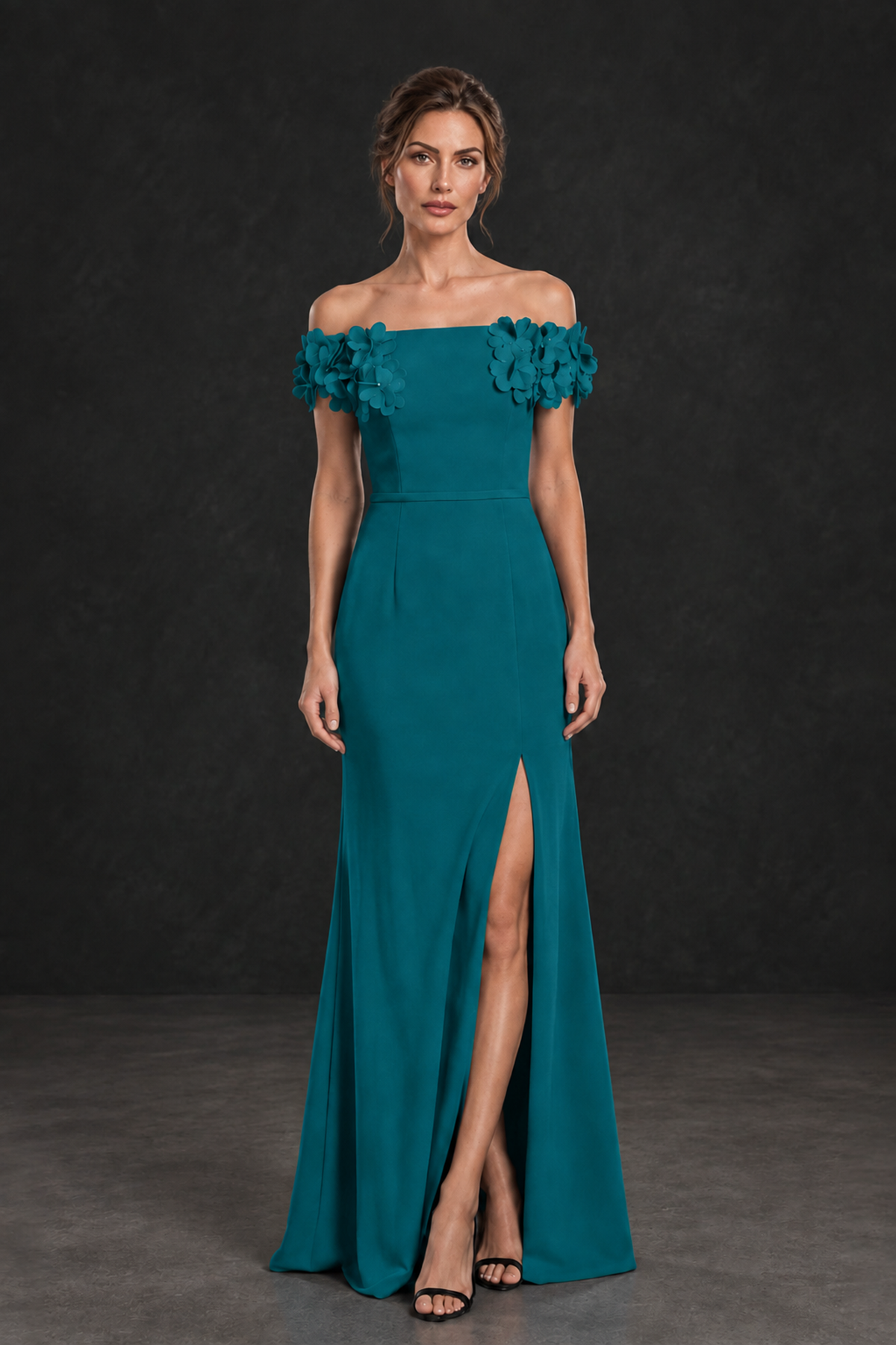 BOLODOO Teal Off-the-Shoulder Mother of the Bride Dress with Floral Appliques - Teal - Teal_01