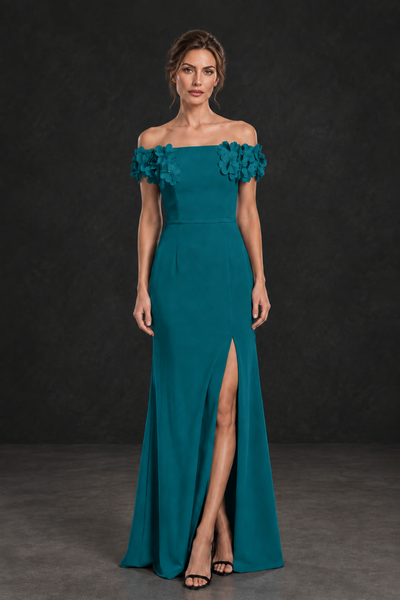 BOLODOO Teal Off-the-Shoulder Mother of the Bride Dress with Floral Appliques - Teal - Teal_01