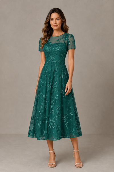 BOLODOO Teal Textured Floral A-Line Dress with Short Sleeves - Teal - Teal_01