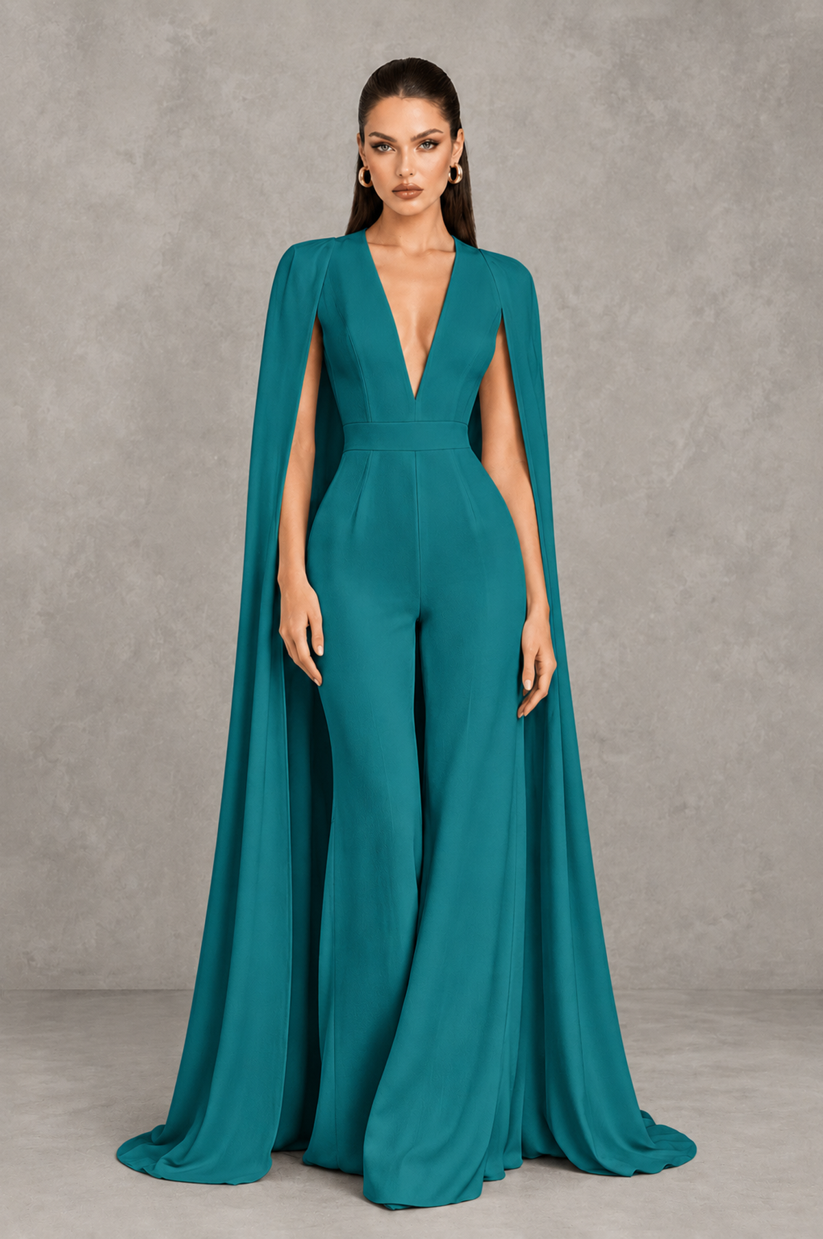 BOLODOO Teal Deep V-Neck Cape Sleeve Bridal Jumpsuit - Teal - Teal_01