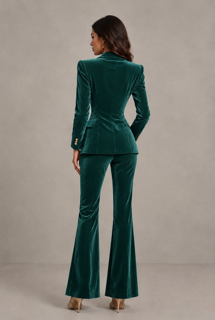 BOLODOO Teal Velvet Double-Breasted Blazer & Pants Two-Piece Suit - Teal - Teal_02