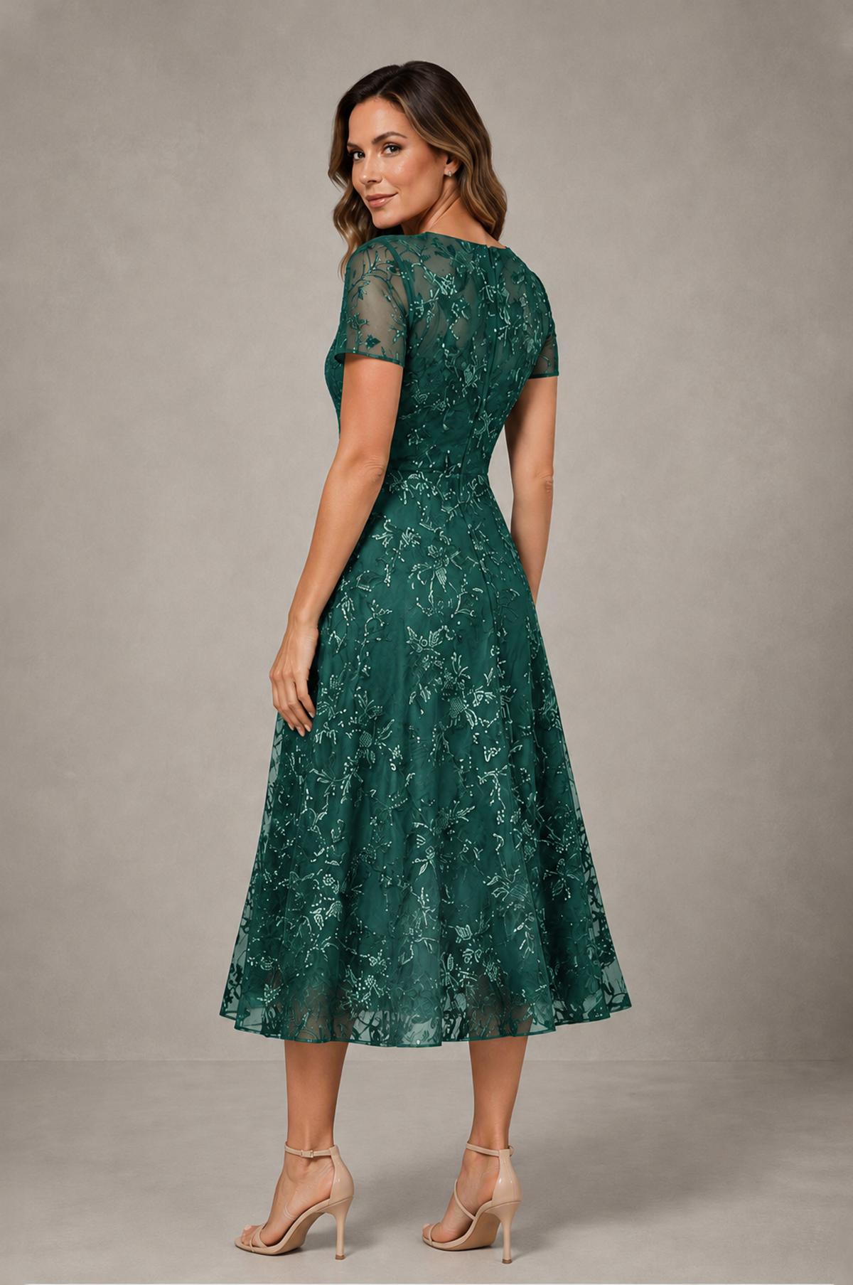 BOLODOO Teal Textured Floral A-Line Dress with Short Sleeves - Teal - Teal_02