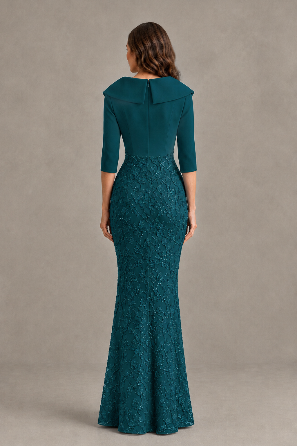BOLODOO Teal Three-Quarter Sleeve Mermaid Evening Dress with Floral Detail - Teal - Teal_02