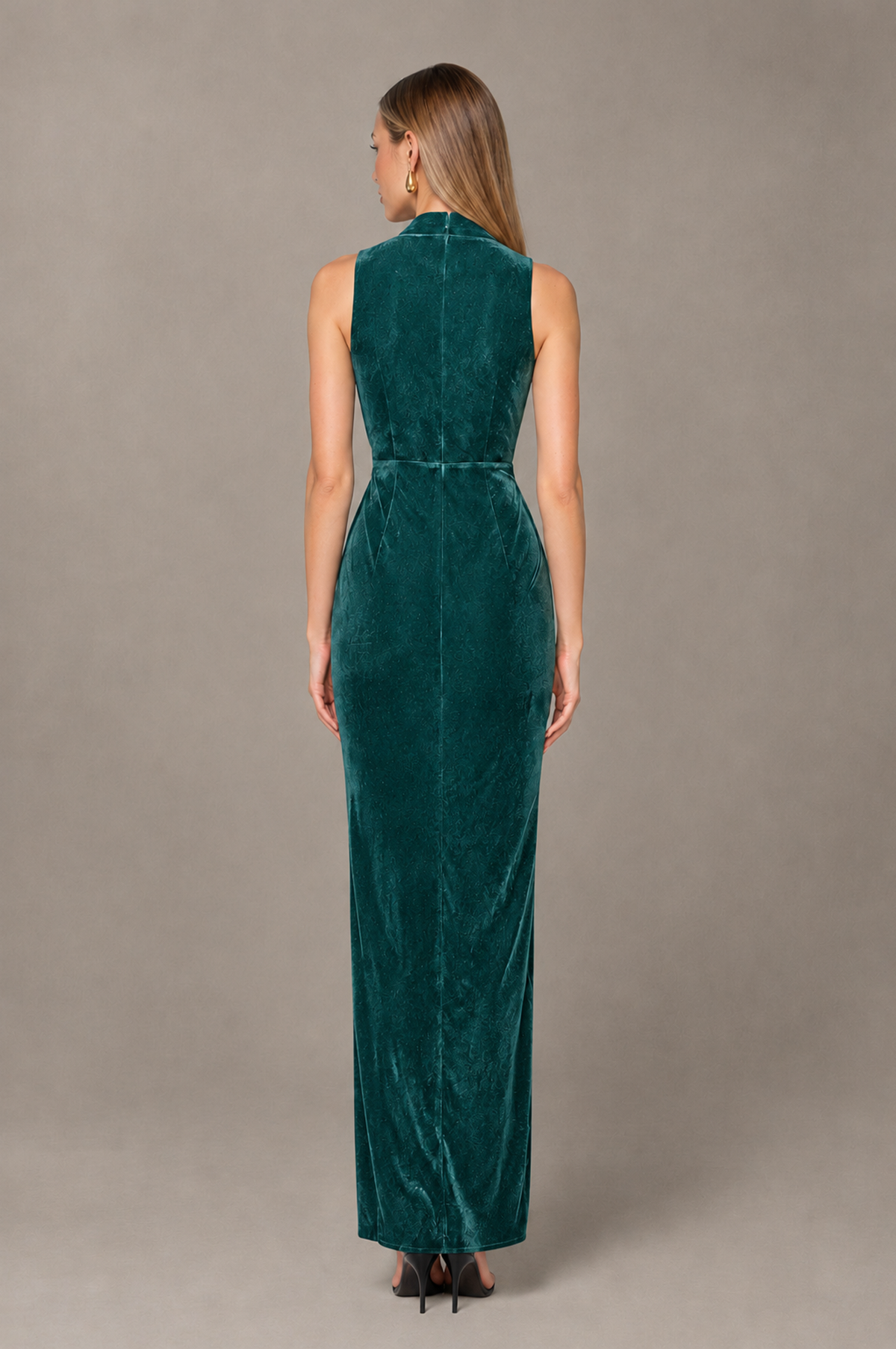 BOLODOO Teal Velvet-Look Sleeveless V-Neck Ruched Slit Maxi Dress - Teal - Teal_02