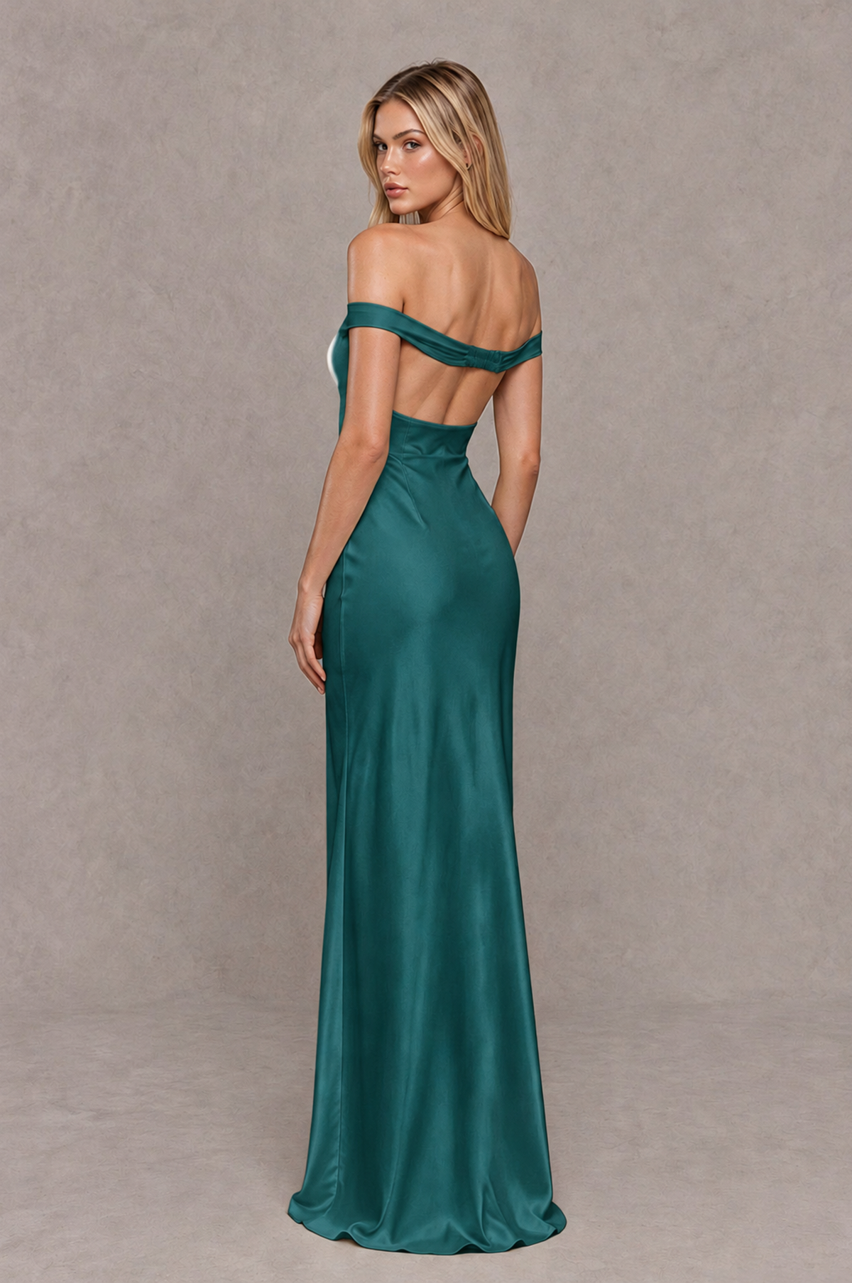 BOLODOO Teal Off-Shoulder Open-Back Satin Evening Gown - Teal - Teal_02