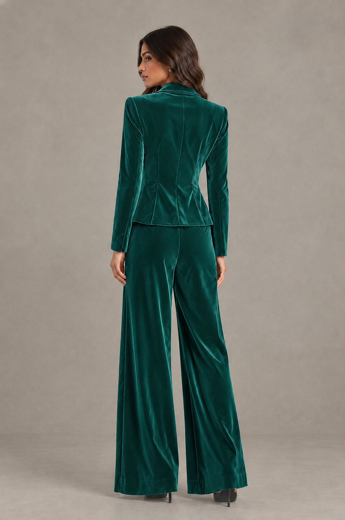 BOLODOO Teal Velvet Two-Piece Pantsuit with Long Sleeve Blazer & Wide-Leg Trousers - Teal - Teal_02