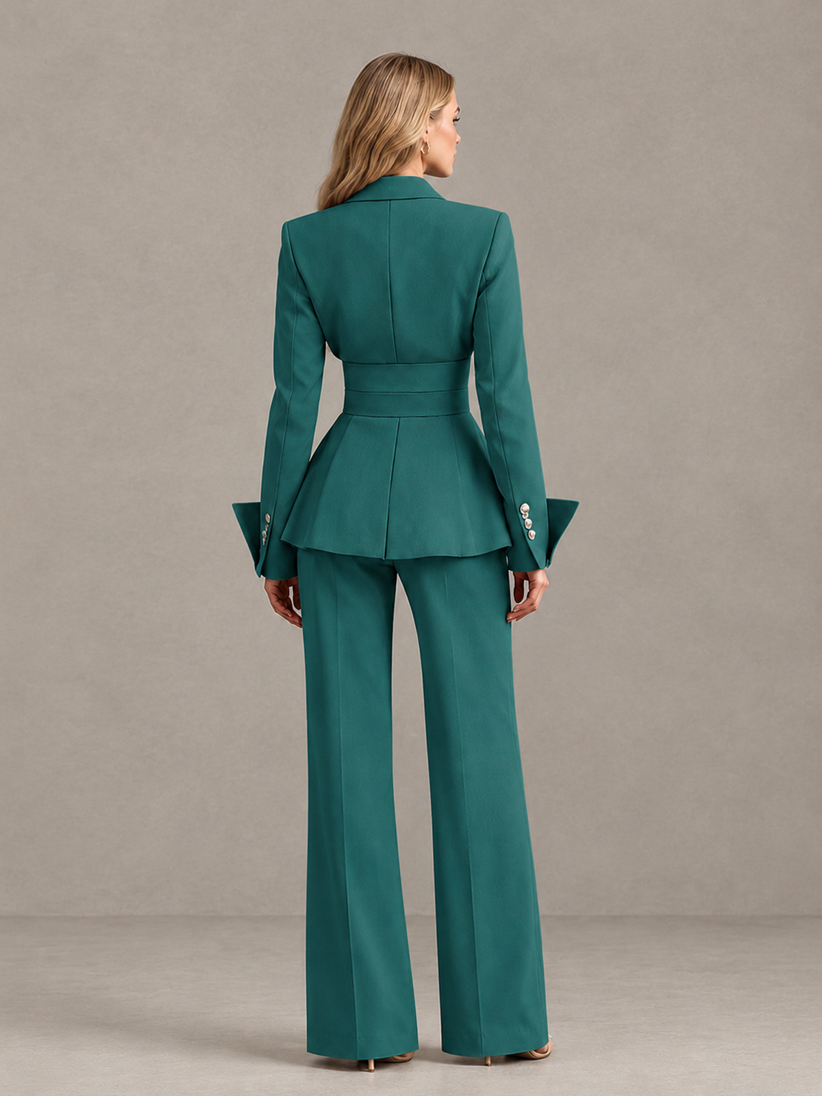 BOLODOO Teal Belted Peplum Pantsuit with Long Sleeves & Wide-Leg Trousers - Teal - Teal_02
