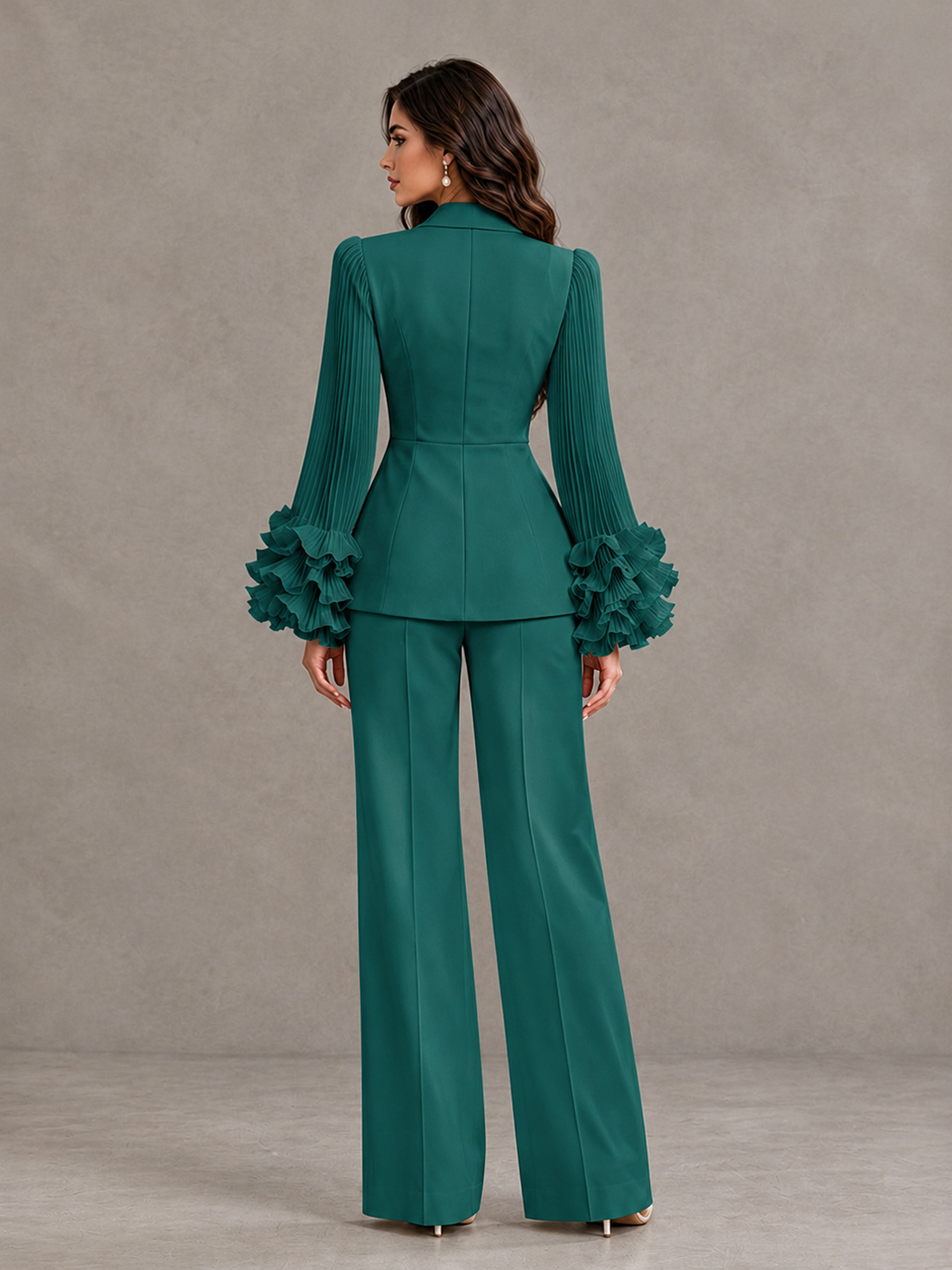 BOLODOO Teal Mother of the Bride Pant Suit – Pleated Long Sleeve Ruffle Cuff Wide Leg Trouser Suit - Teal - Teal_02