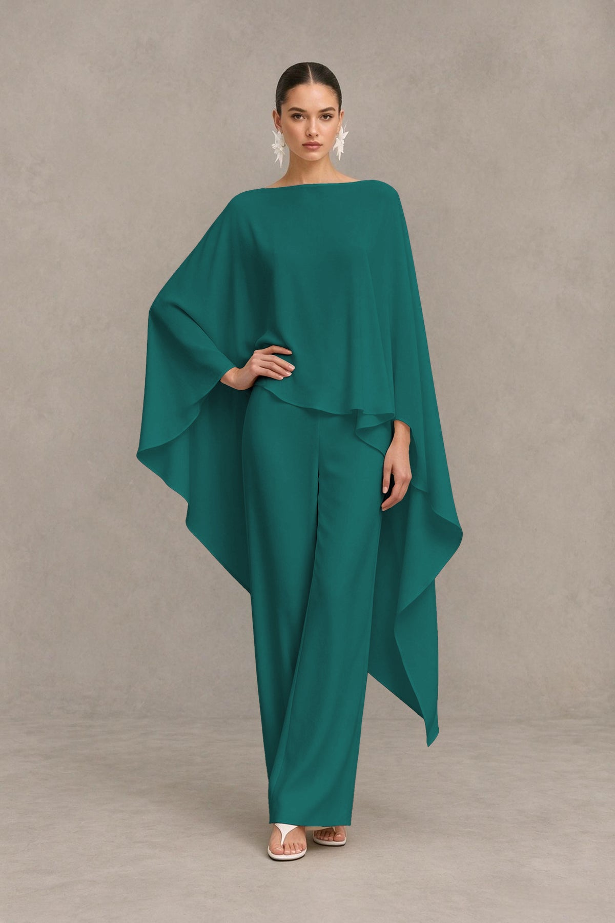 BOLODOO Teal Cape Sleeve Wide-Leg Formal Pantsuit - Teal - Teal_03