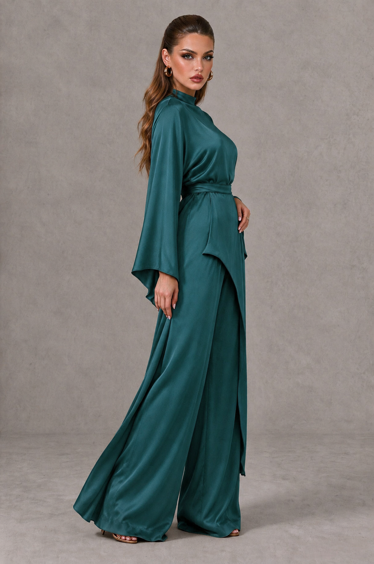 BOLODOO Teal Satin-Look Long Sleeve Wide-Leg Jumpsuit - Teal - Teal_03