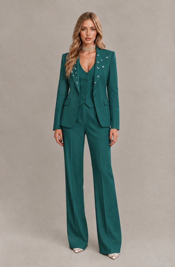 BOLODOO Teal Women's Three-Piece Pantsuit with Blazer & Vest - Teal - Teal_03