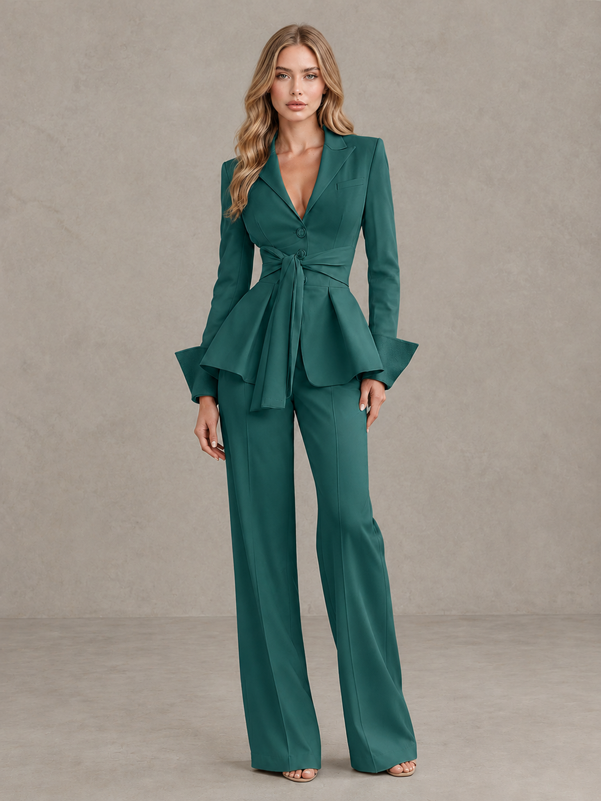 BOLODOO Teal Belted Peplum Pantsuit with Long Sleeves & Wide-Leg Trousers - Teal - Teal_03
