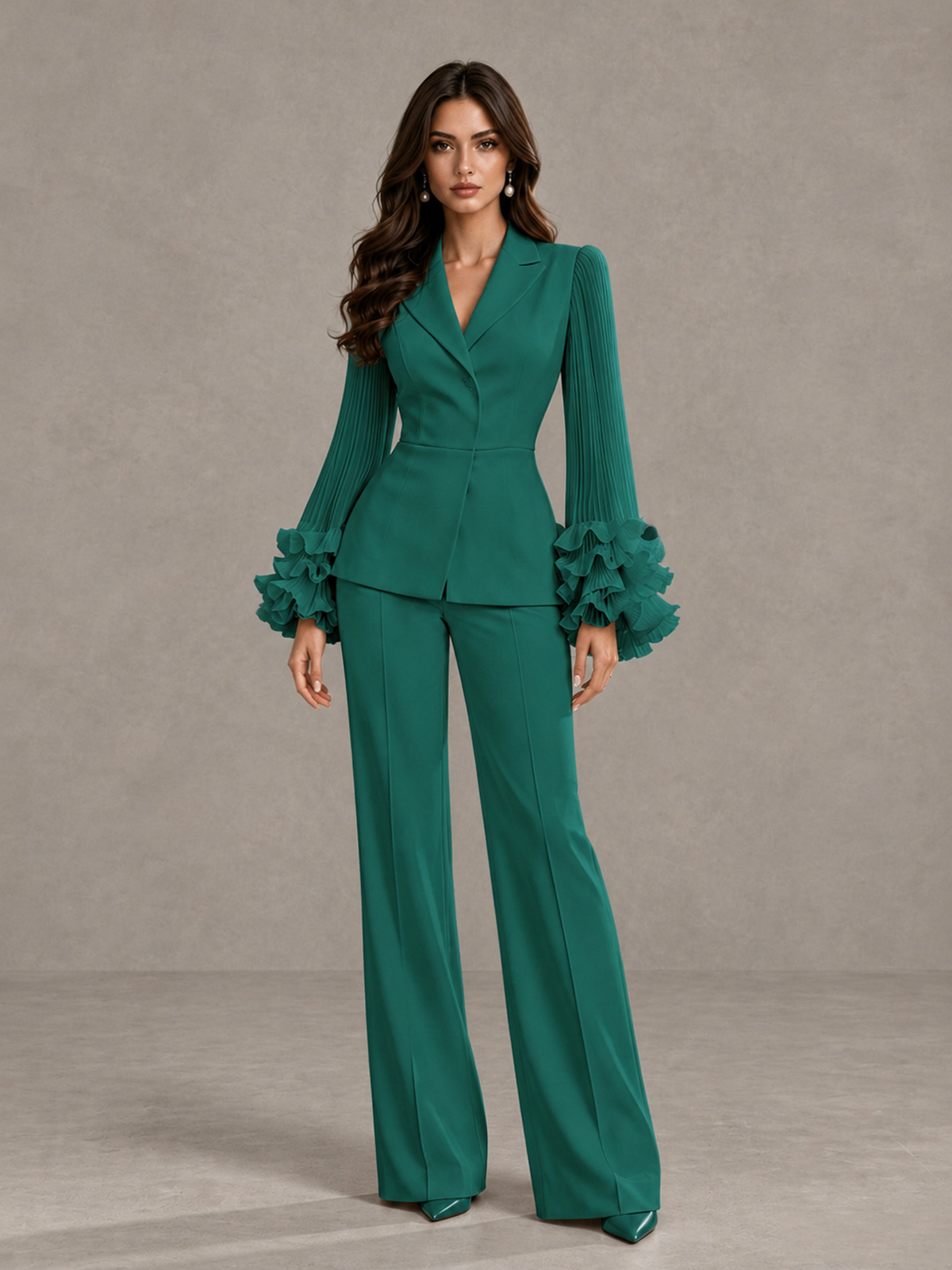 BOLODOO Teal Mother of the Bride Pant Suit – Pleated Long Sleeve Ruffle Cuff Wide Leg Trouser Suit - Teal - Teal_03