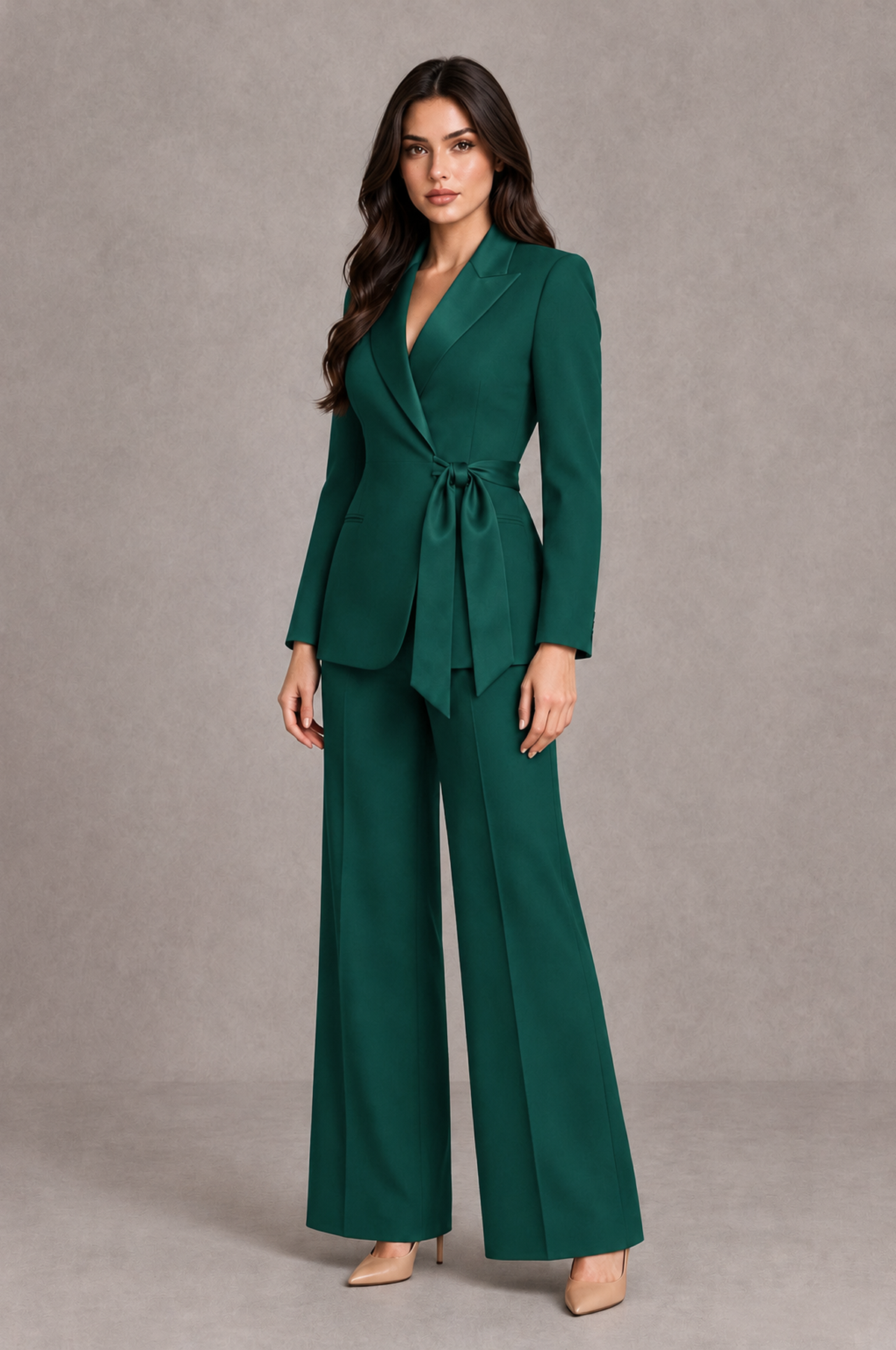BOLODOO Teal Tie-Waist Blazer & Wide-Leg Pantsuit - Teal - Teal_03