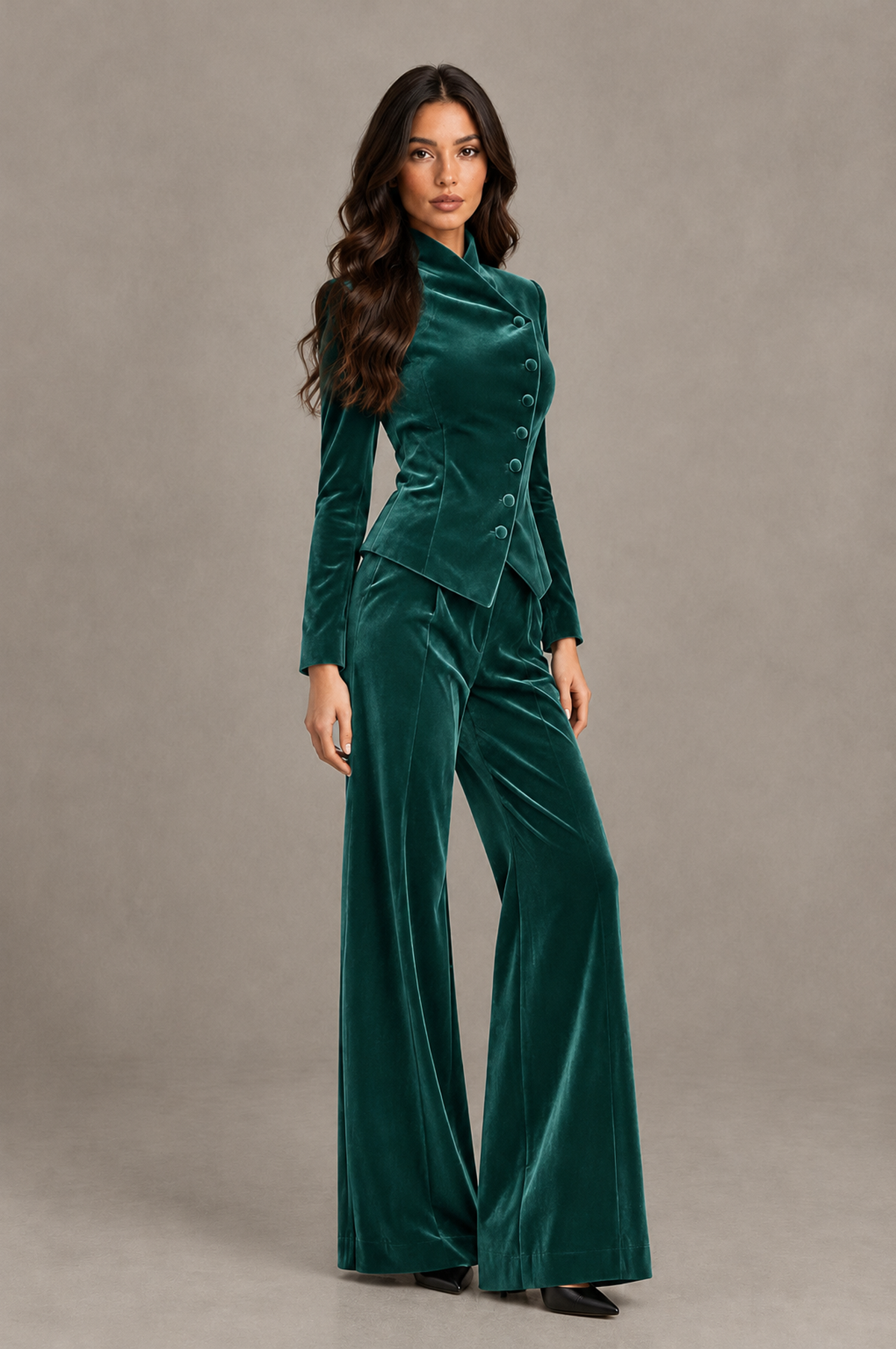 BOLODOO Teal Velvet Two-Piece Pantsuit with Long Sleeve Blazer & Wide-Leg Trousers - Teal - Teal_03